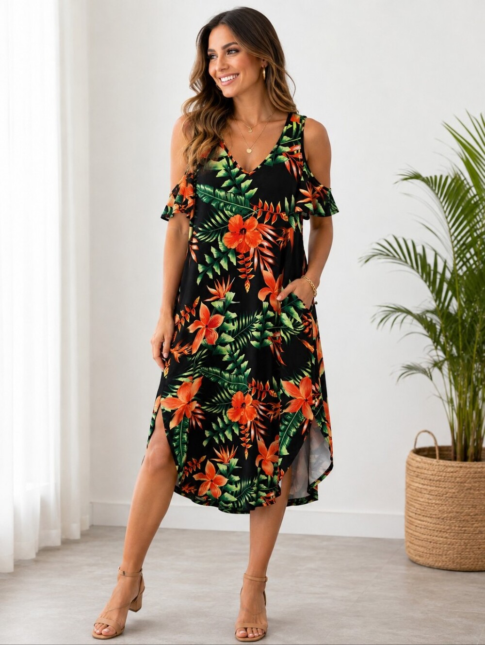Women's Tropical Cold-Shoulder V-Neck Dress - Black with Orange Floral